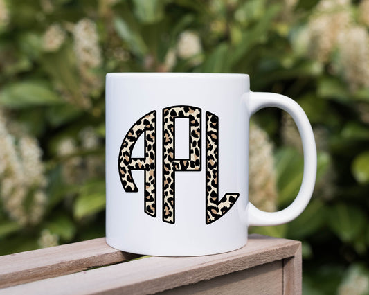 Leopard Print Circle Monogram Mug, 11oz Ceramic Mug, Sublimation Printing