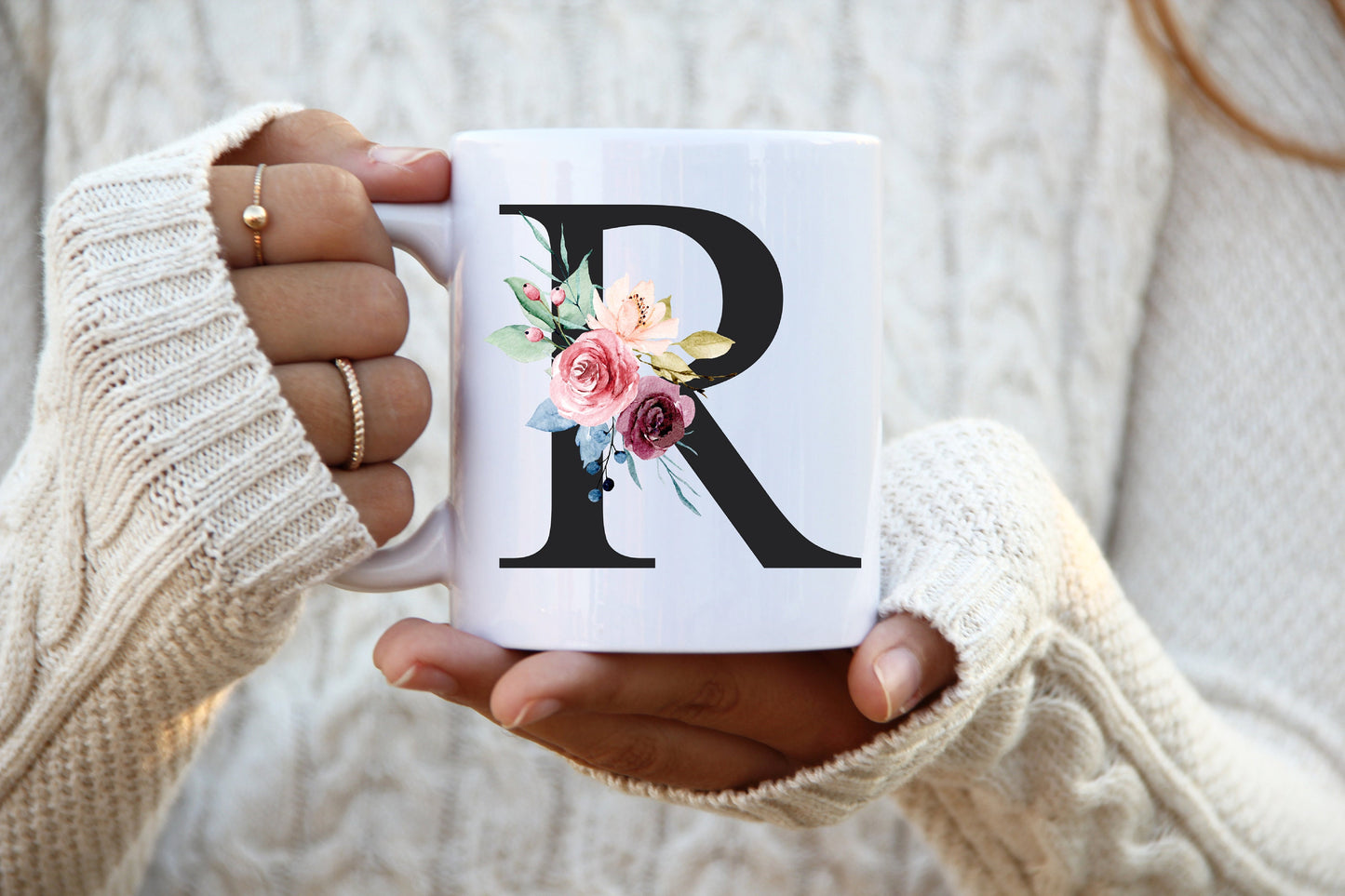 Monogram Floral Mug, Personalized Initial Mug, Sublimation Printing