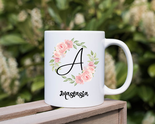 Personalized Floral Mug, Boho Mug, Initial Name Mug, Sublimation Printing