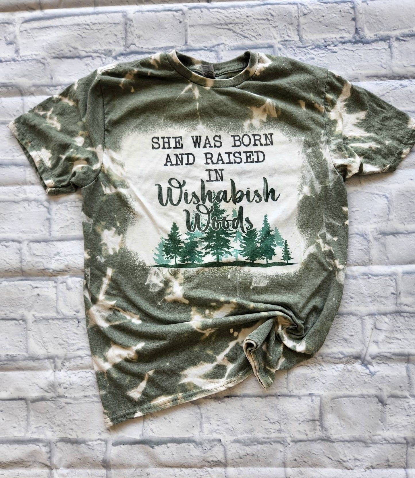 She Was Born and Raise in Wishabish Woods - Bleached with Sublimation T-Shirt/Polyester Material